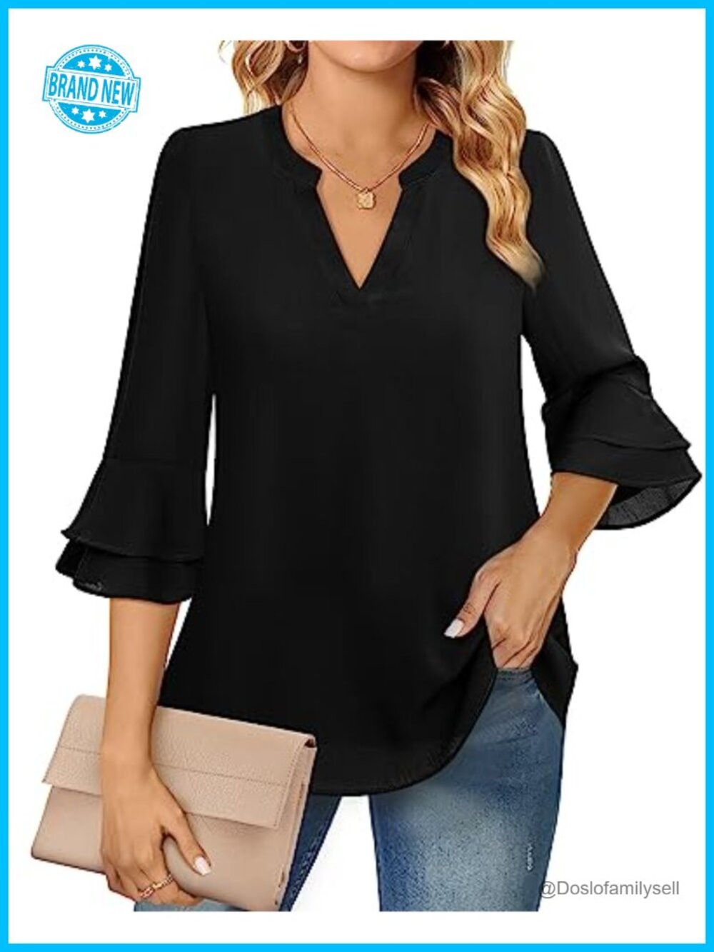 Lotusmile Womens 3/4 Ruffle Bell Sleeve Chiffon Tunic Blouse Business Work Top